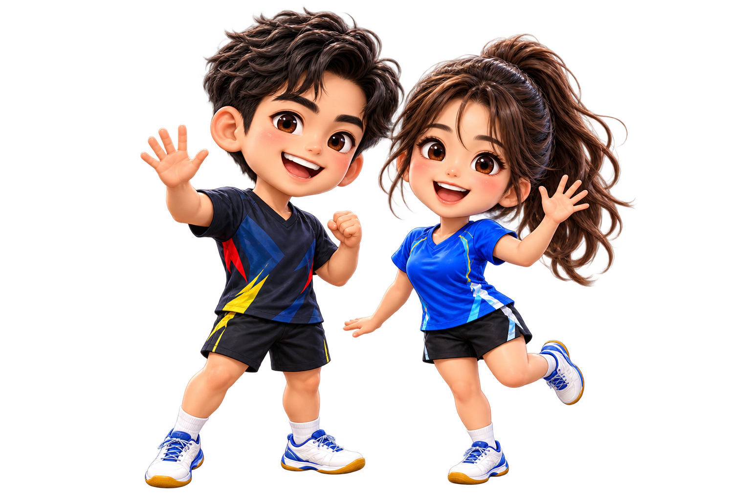 Two cheerful cartoon badminton players waving hello